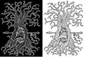 Black and white mystic fantasy tree line art vector illustration Royalty Free Stock Photo